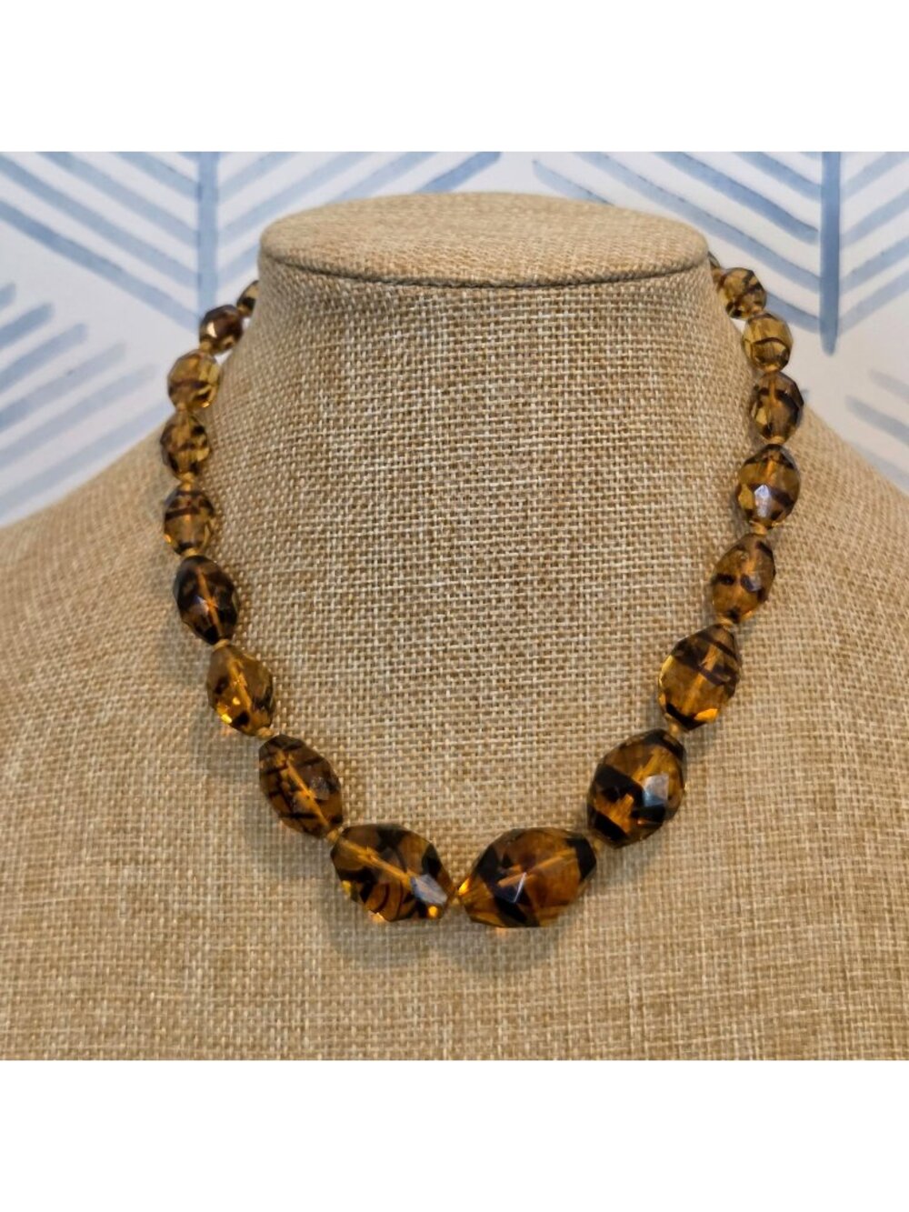 Vintage Czech Tiger Stripe Golden Art Glass Beaded Sterling Silver Necklace
